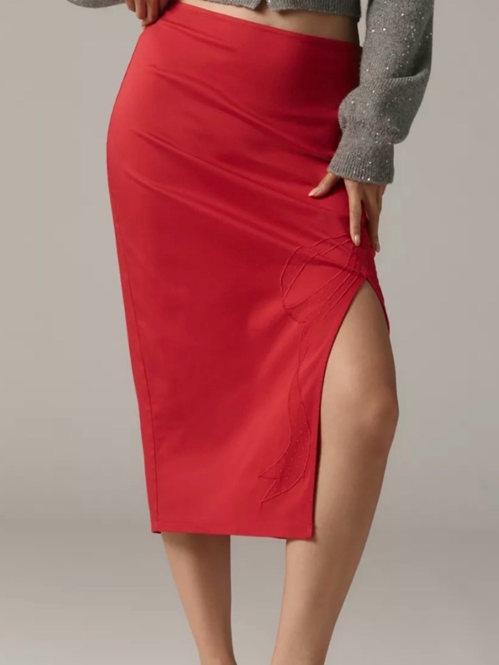 Anthropologie Maeve Red Bow Midi Pencil Skirt Embroidered Side Slit Size XS - Picture 4 of 16